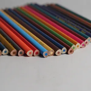 Colored pencils set for drawing and coloring, vibrant assorted colors in wooden barrels main view