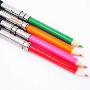 Colored pencils set with metal connectors, colorful writing stationery for art and office use.