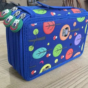 Trousse à crayons en toile grande capacité multicouche avec joli motif de hibou pour enfants