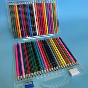 Colored pencil set with 50 vibrant shades in a portable clear plastic storage case.