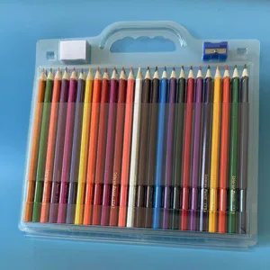 Colored pencil set with transparent plastic carrying case, eraser and sharpener for art drawing.