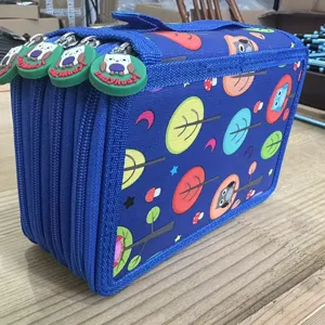 Trousse à crayons bleue multicouche avec jolis zips hiboux et imprimé d'arbres pour élèves.