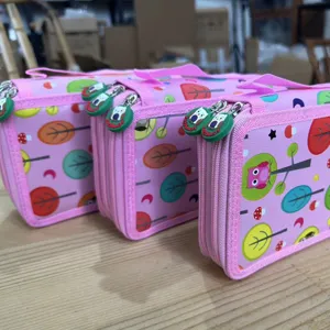 Trousse à crayons rose multicouche avec motif mignon de hibou et d'arbre pour fournitures.