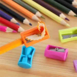 Colorful plastic pencil sharpener detail shot, ideal student stationery art tool close up.