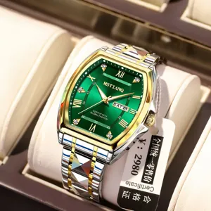 Orologio al Quarzo da Uomo Business Tonneau Acciaio Inossidabile Impermeabile Luminoso Calendario Doppia