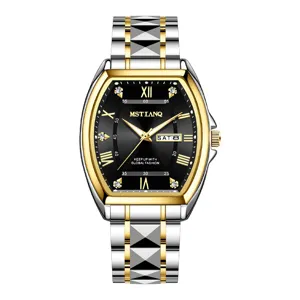Orologio da uomo stile tonneau elegante con doppio calendario quadrante nero cinturino in acciaio