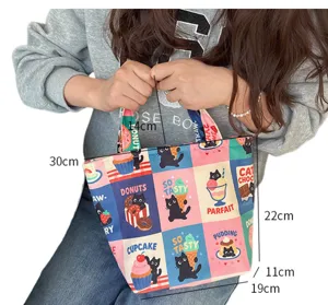 Cute black cat dessert canvas cosmetic bag, portable travel toiletry storage pouch for women.