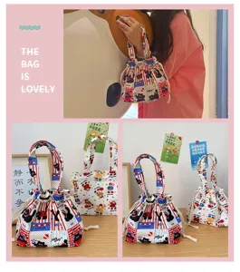 Ins style waterproof canvas tote bag with cute black cat print, large capacity lunch handbag.