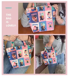 Cute black cat canvas tote bag with sweet dessert grid print for daily use or travel.