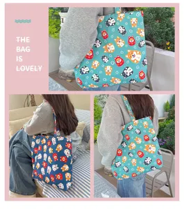 Japanese style Shiba Inu print canvas tote bag for women daily shopping and bento carrying.