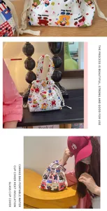 Details of the cute cat cartoon print canvas lunch handbag, waterproof commuter bag.