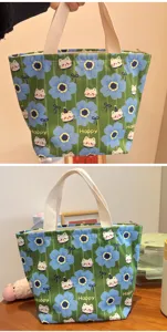 Bolsa de almuerzo bento con estampado de gatos y flores, gran capacidad y resistente al agua.