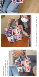 Cute black cat dessert canvas tote bag, portable casual handbag with charming pattern details.
