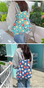 Shiba inu print canvas tote bag detail view, casual shoulder bento bag for daily use and school.
