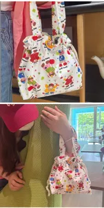 Cute cartoon print canvas handbag, sweet drawstring pouch, casual daily tote bag.