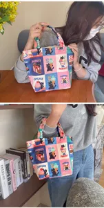 Korean cute black cat dessert print canvas cosmetic bag travel portable large storage bag