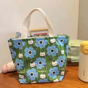 Linda Bolsa de Almuerzo Con Estampado de Gato de Dibujos Animados Gran Capacidad Impermeable Tela Compuesta Portátil Bento Bolsa Con Cremallera para Trabajo Escuela