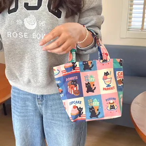 Cute Cartoon Black Cat Dessert Printed Canvas Clutch Bag Large Capacity Travel Cosmetic Bag Portable Plaid Handbag For Women Organizer