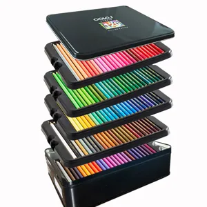 Detailed view of 120 colored pencils set in multi-layer black tin box for artists.
