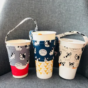 Leinwand niedlicher Hund Druck Getränke Hülle mit Griff tragbare wiederverwendbare Tasse Halter