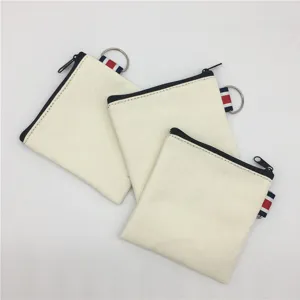 DIY Blank Canvas Coin Purse Small Zip Pouch With Metal D-Ring Contrast Stripe Hand Painted Portable Storage Bag For Daily Use