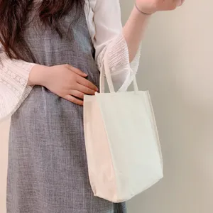 Canvas tote bag detail view, casual small handbag held in hand, plain daily design.