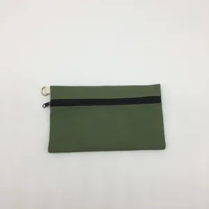 Nahaufnahme des einfachen grünen Canvas-Reißverschlussetuis mit Textur und Metallring.