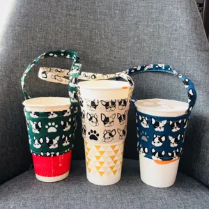 Portabibite in Tessuto di Cotone Bulldog Francese Motivo a Cane Manicotto per Tazza Stampato Borsa per Tè al Latte Portatile Riutilizzabile