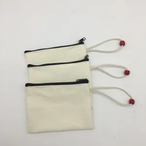 DIY Blank Canvas Pencil Case Minimalist Solid Color Hand-painted Coin Purse Cotton Fabric Storage Bag With Red Bead Zip