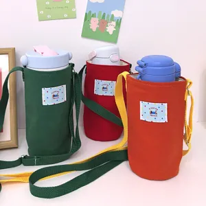 Einfarbige Canvas Wasserflasche Hülle mit verstellbarem Schultergurt tragbarer niedlicher Becherhalter