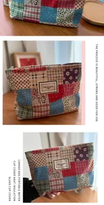 Canvas storage bag detail showing patchwork plaid design, floral pattern, and woven label.
