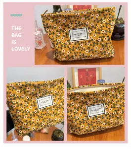 Trousse de maquillage en velours côtelé à fleurs jaunes pochette de voyage zippée rangement