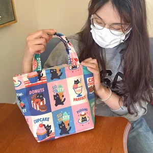 Cute Korean style black cat dessert printed canvas handbag, portable cosmetic storage bag.