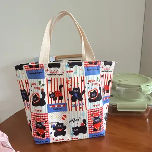 Sac à déjeuner imperméable, fourre-tout en toile avec motif de chat noir, grande capacité.
