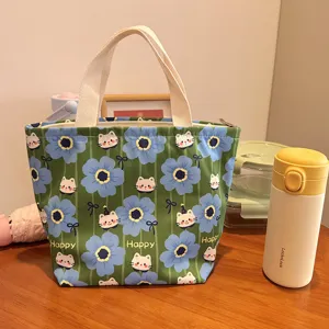 Bonita bolsa de lona para almuerzo con estampado de dibujos animados y cremallera, bento impermeable.