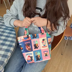 Korean style cute black cat dessert canvas handbag portable cosmetic storage pouch cute