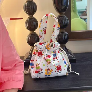 Canvas cartoon print drawstring handbag casual student daily small tote bag multi-use.