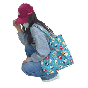 Japanese Shiba Inu Print Canvas Tote Bag, Cute Dog Casual Shoulder Bag for Women Daily Use.
