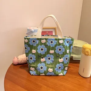 Bolsa de almuerzo impermeable gato lindo diseño floral bolso con cremallera oficina