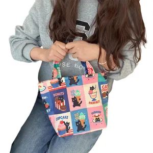 Korean style cute black cat dessert canvas cosmetic bag, portable storage travel tote bag.