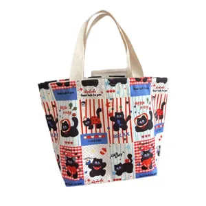Sac cabas de déjeuner en toile de chat noir dessin animé mignon sac à main bento imperméable