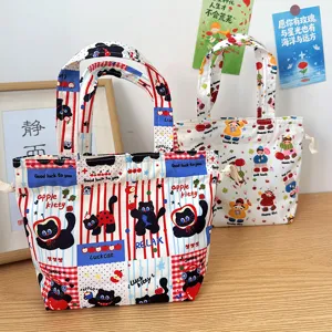 Ins style waterproof canvas tote bag with cute black cat print, perfect for daily commute use.