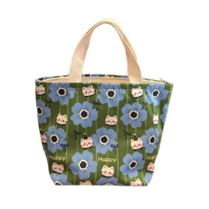 Bolsa de almuerzo con bonito estampado de gato y cremallera impermeable para oficina.