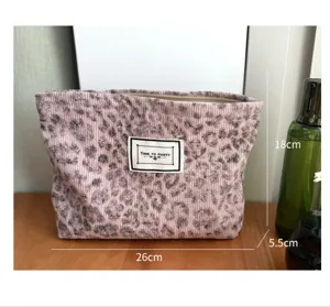 Pink corduroy cosmetic bag with leopard print, portable travel zipper makeup pouch 26x18cm