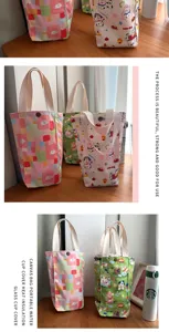 Cute canvas portable water cup cover insulated lunch bag cartoon daily storage bag for outdoor