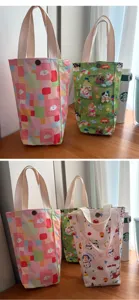 Cute cartoon canvas lunch bag water bottle tote cute dog pattern portable storage handbag for use