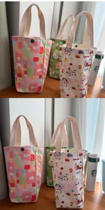 Cute cartoon waterproof lunch bag and cup holder tote, ideal for outdoor use and daily storage.