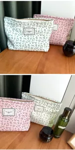 Canvas floral cosmetic bag for travel and daily storage, portable zipper pouch with cute print.