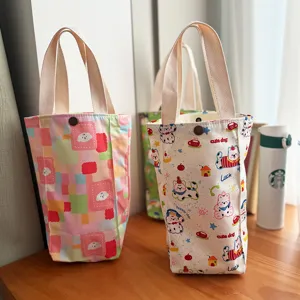Cute cartoon waterproof bento bag tote canvas lunch bag for outdoor daily use and water cup.