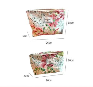 Detailliertes Kord Kosmetiktäschchen mit Blumenmuster, Reißverschluss und klaren Abmessungen.